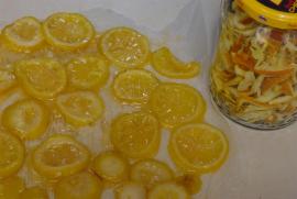 Xylitol (Xucker, Birkenzucker) candied lemon slices and orange sticks (Arancini)/Recipe: melt the xylitol (~ 95 o C), throw in your candidates and keep heated until all or most of the water is evaporated, then set on baking sheet to cool (and possibly dry)./For the lemons I used a bit of carbonate of calcium (chalk) to make them less acidic.